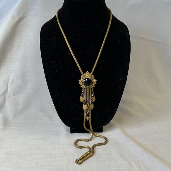 Vintage Jack Smile Egyptian Revival Art Deco Style Brass Bolo Necklace - Picture 3 of 16